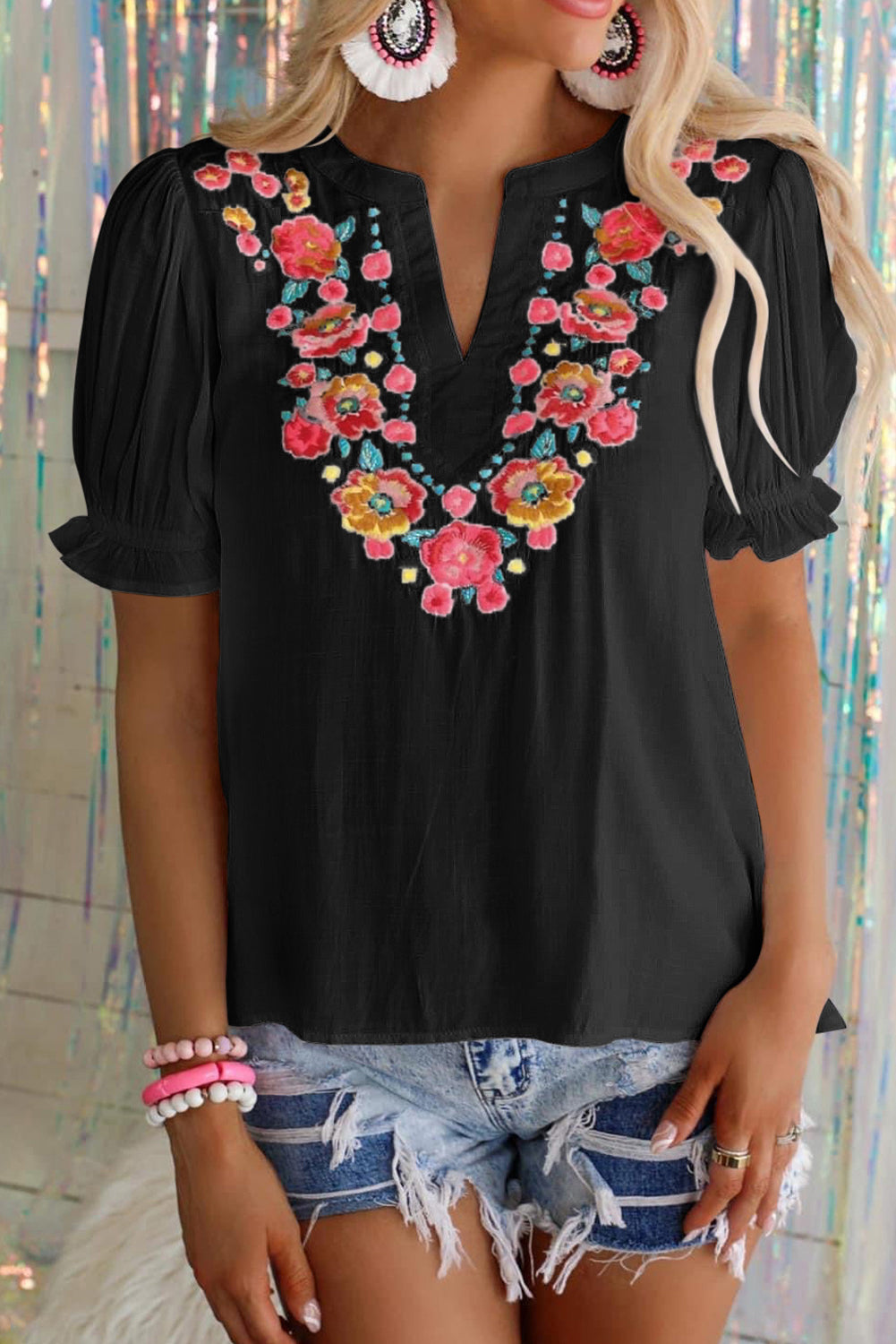 Black Floral Embroidered Ruffled Sleeve Blouse