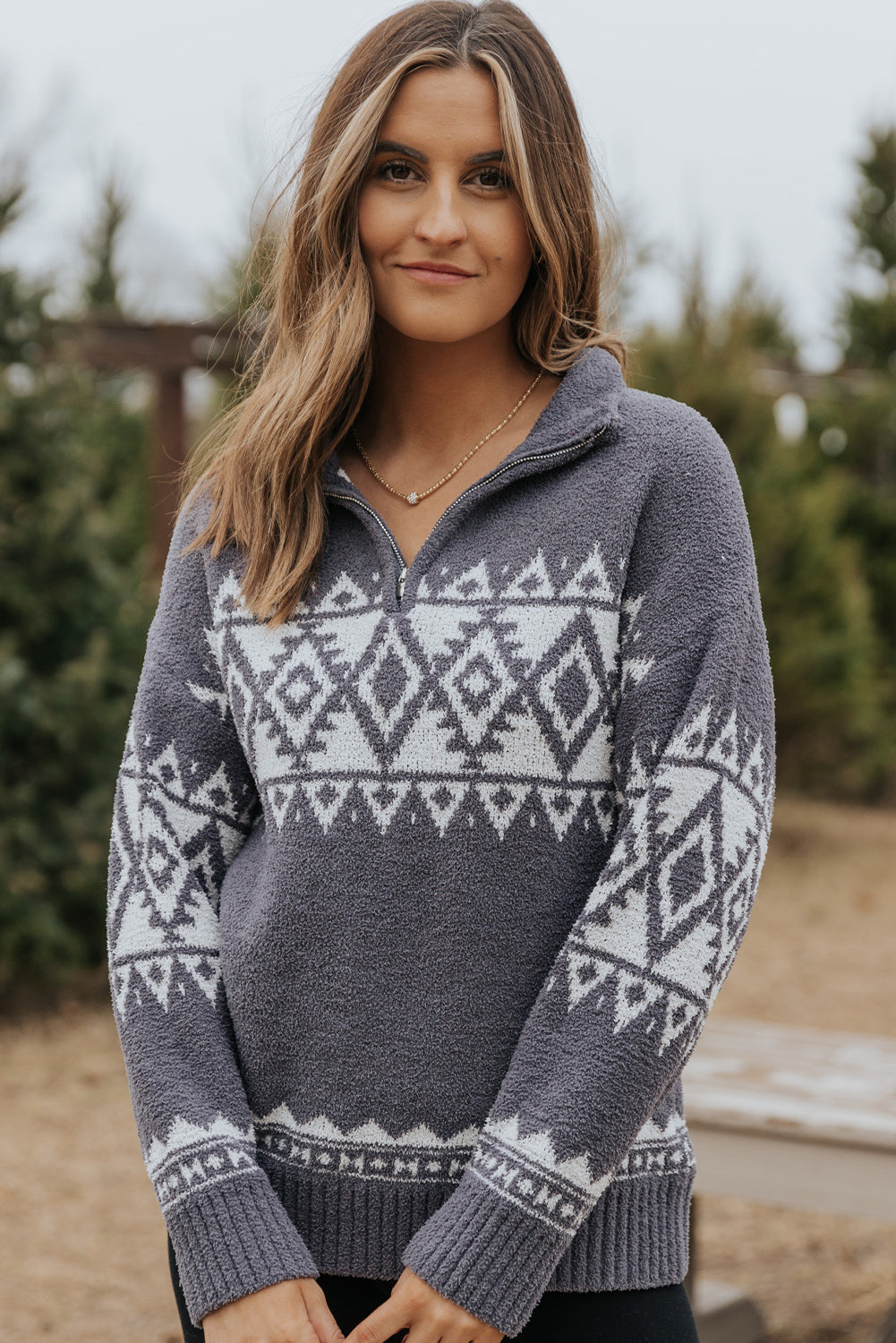 Gray Western Geometric Printed Quarter Zip Pullover Sweater