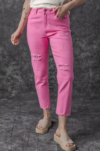 Pink Star Shape Patchwork Mid Waist Straight Leg Jeans
