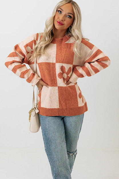 Brown Checkered Floral Print Sweater