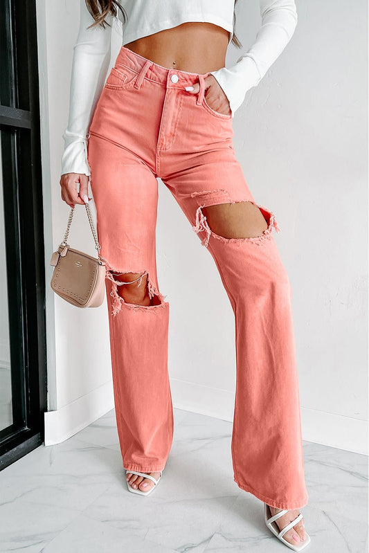 High Waist Ripped Straight Leg Jeans in Pink - Ivory Lane Boutique & Co.