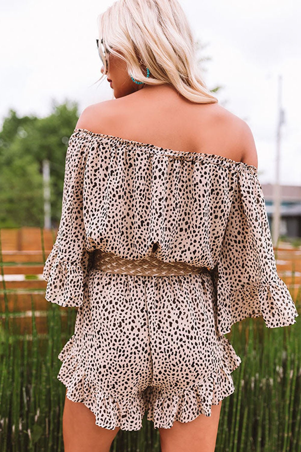 Off-the-shoulder Leopard Print Ruffle Romper - Ivory Lane Boutique & Co.