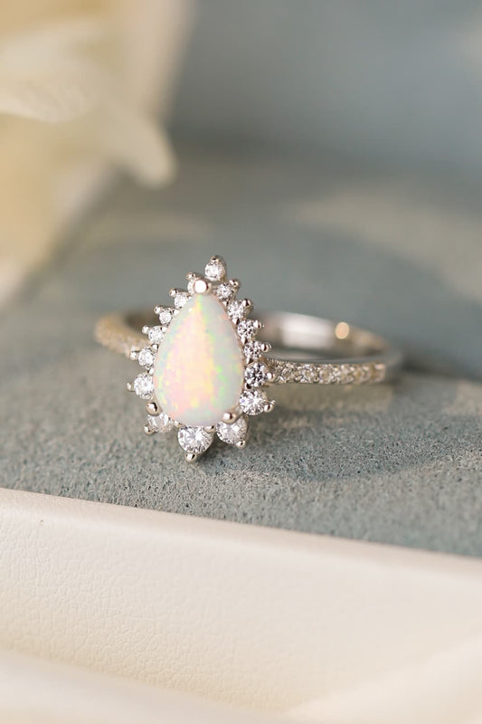 Platinum-Plated Opal Pear Shape Ring - Ivory Lane Boutique & Co.
