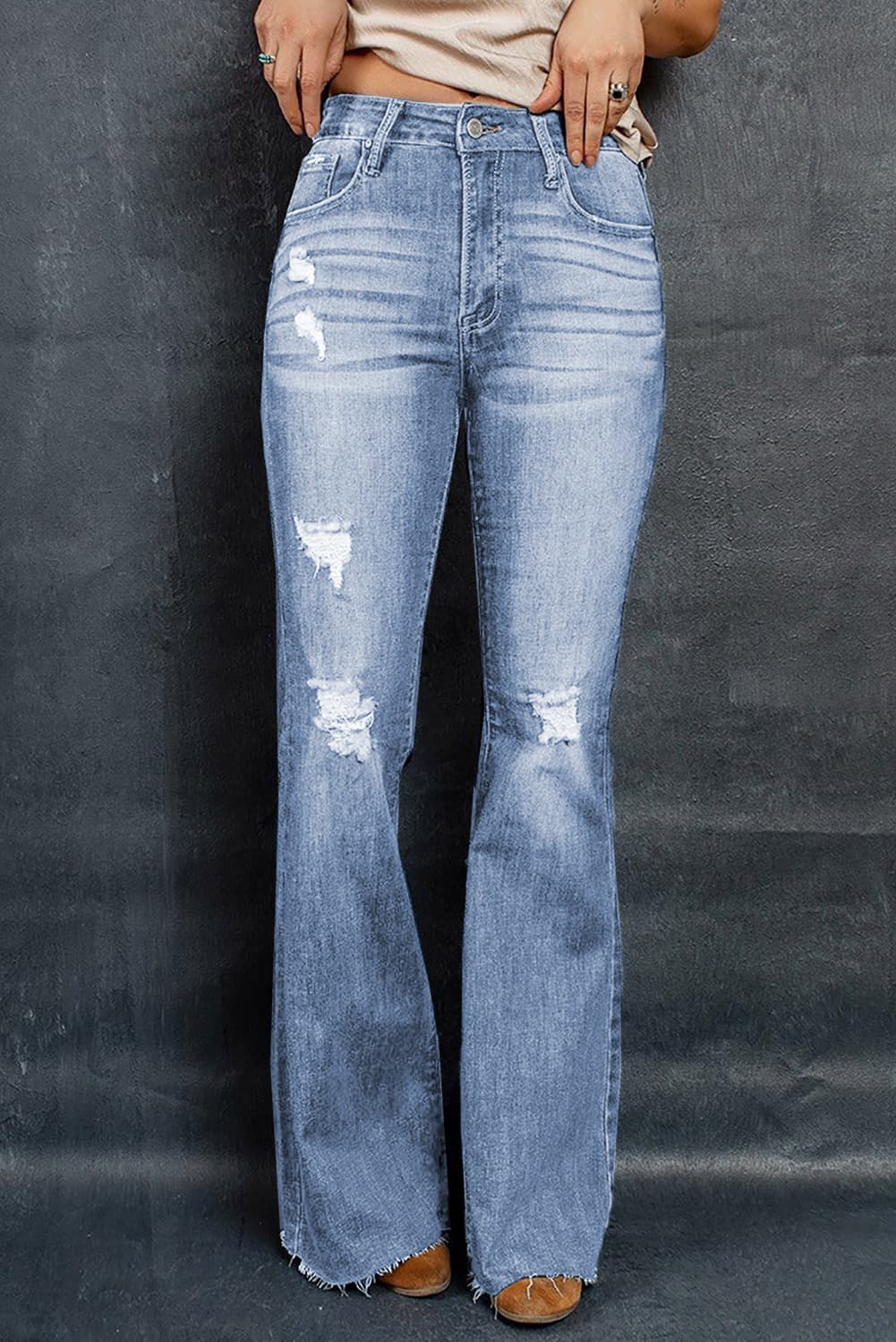 Ripped Distressed Raw Hem Flare Jeans - Ivory Lane Boutique & Co.