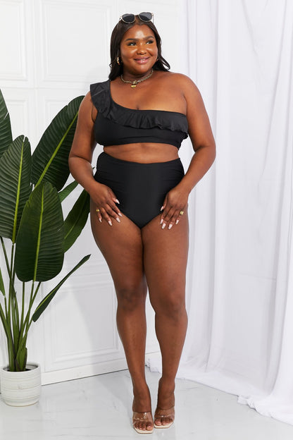 Seaside Romance Ruffle One-Shoulder Bikini in Black - Ivory Lane Boutique & Co.