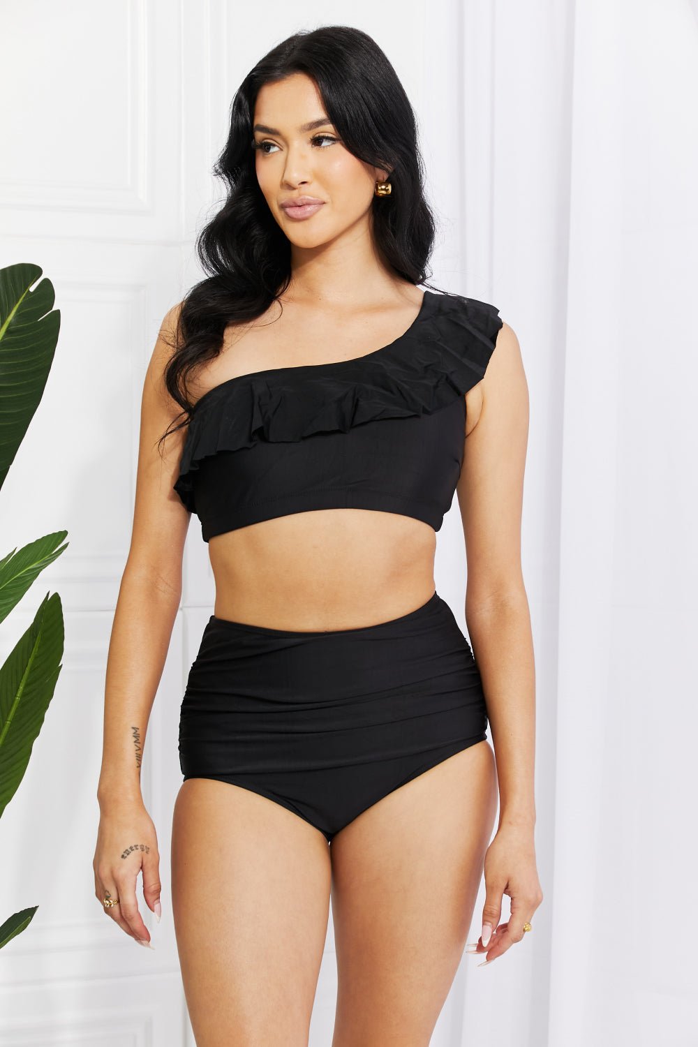 Seaside Romance Ruffle One-Shoulder Bikini in Black - Ivory Lane Boutique & Co.