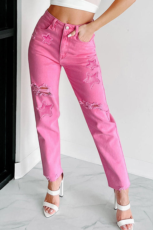Star Patchwork Mid-Waist Straight Leg Jeans in Pink - Ivory Lane Boutique & Co.